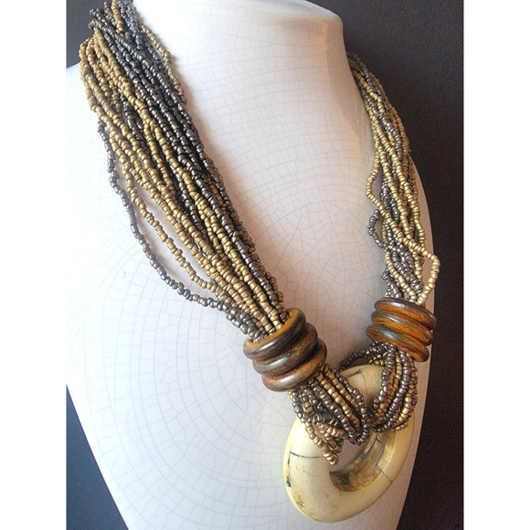 Vintage Tribal Boho Multi-Strand Beaded Necklace Wood Ring Pendant Folk Style - Picture 3 of 9